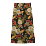 Koi Carp And Lotus Pattern Print Cotton Front Slit Maxi Skirt