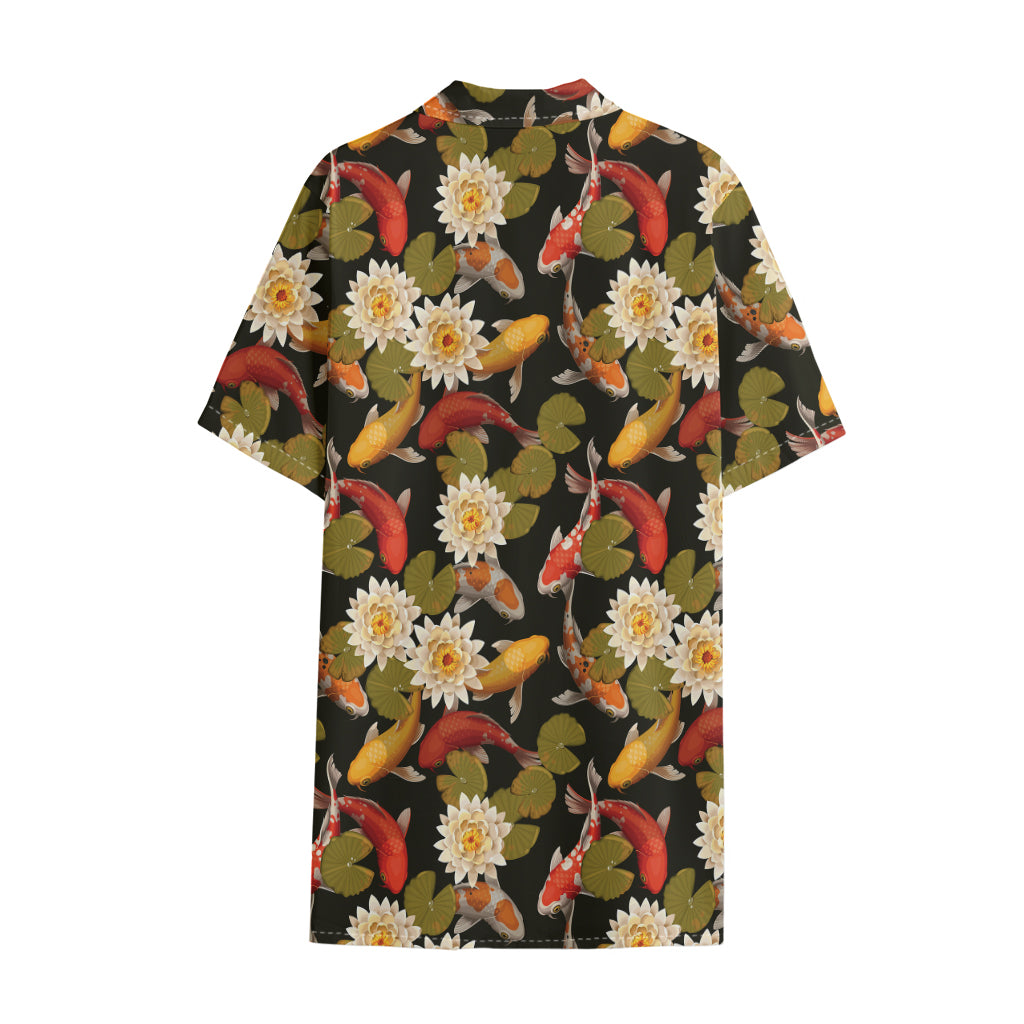 Koi Carp And Lotus Pattern Print Cotton Hawaiian Shirt