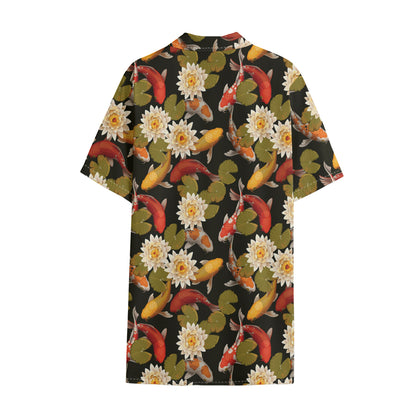 Koi Carp And Lotus Pattern Print Cotton Hawaiian Shirt