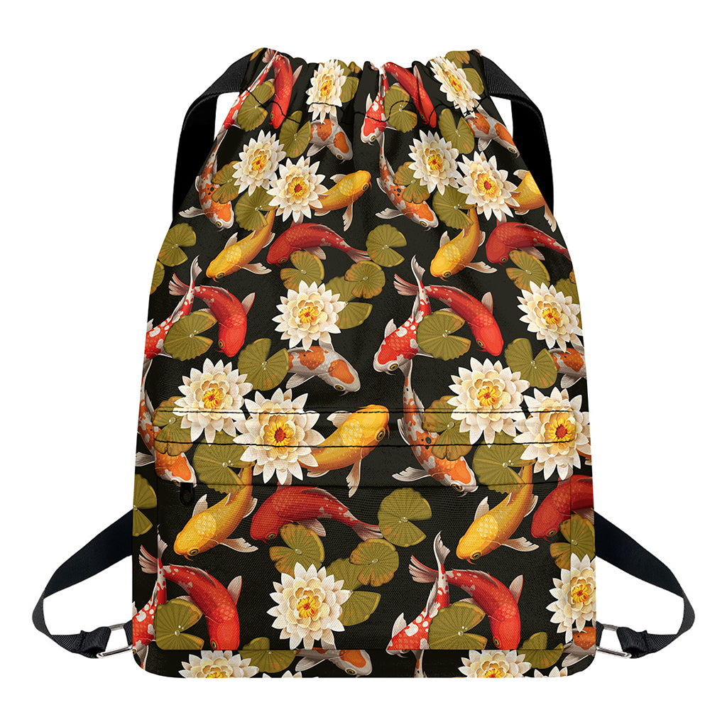 Koi Carp And Lotus Pattern Print Drawstring Backpack