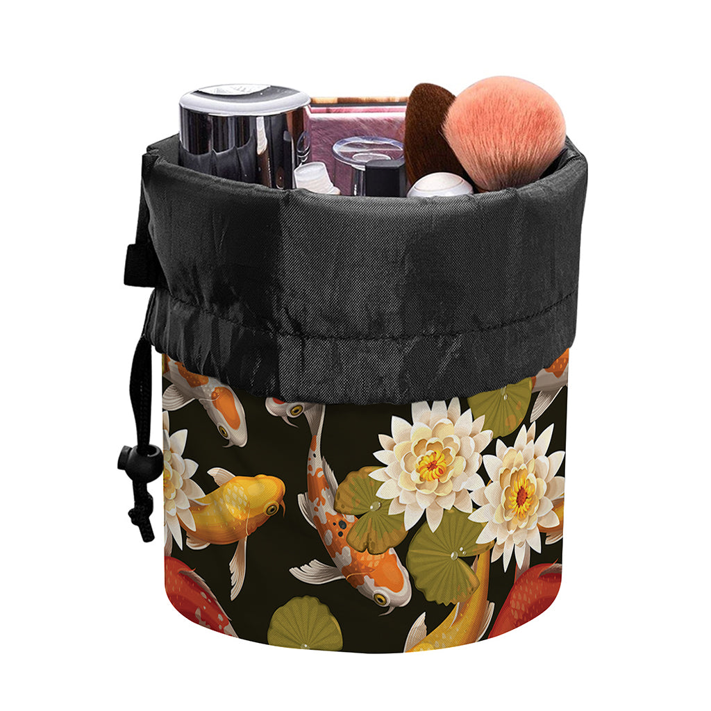Koi Carp And Lotus Pattern Print Drawstring Makeup Bag