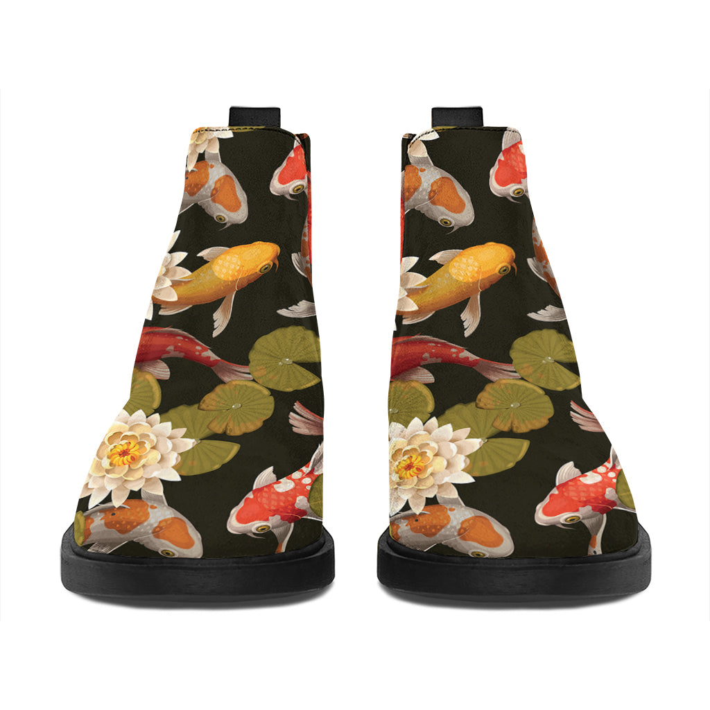 Koi Carp And Lotus Pattern Print Flat Ankle Boots