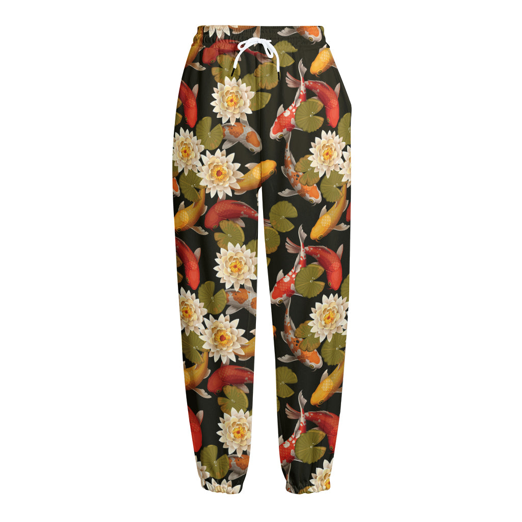 Koi Carp And Lotus Pattern Print Fleece Lined Knit Pants