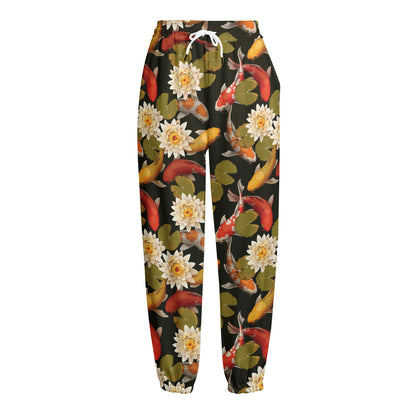 Koi Carp And Lotus Pattern Print Fleece Lined Knit Pants
