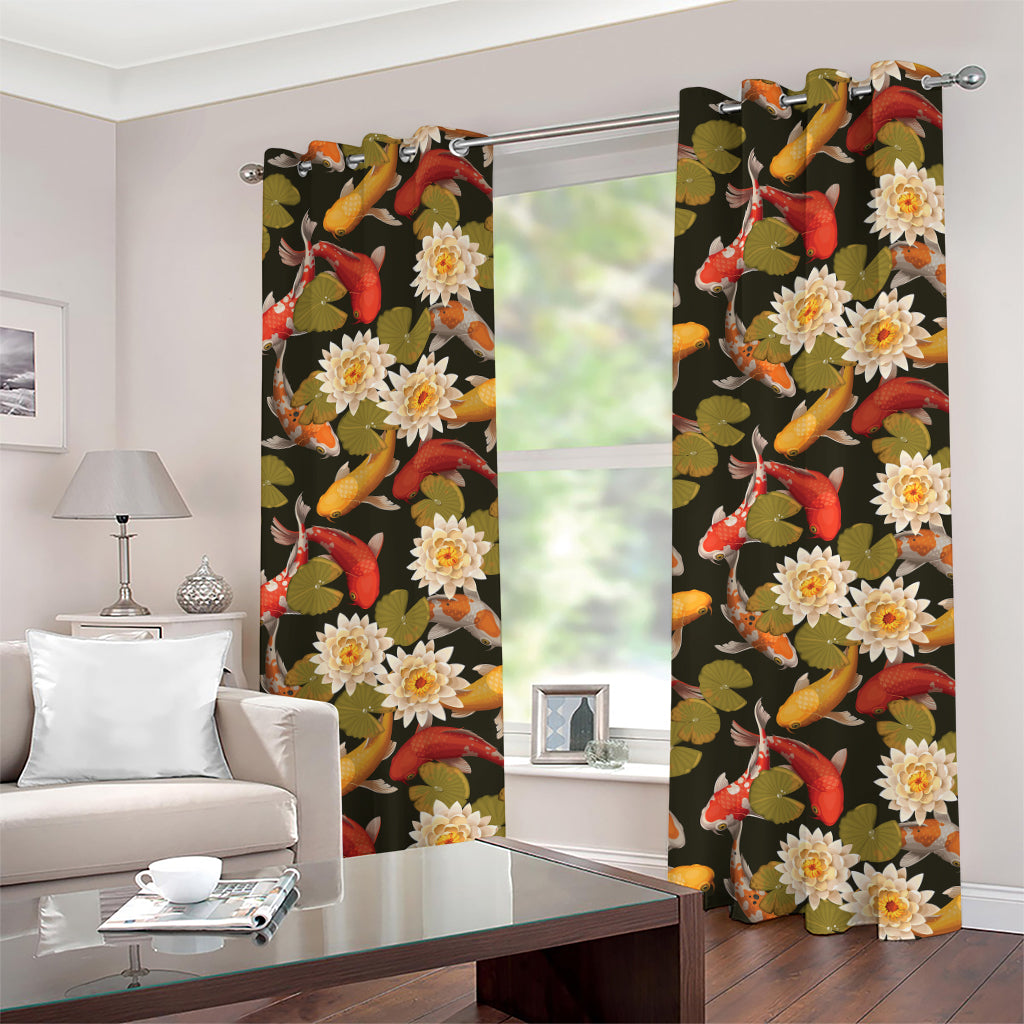 Koi Carp And Lotus Pattern Print Grommet Curtains