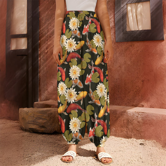 Koi Carp And Lotus Pattern Print Harem Pants