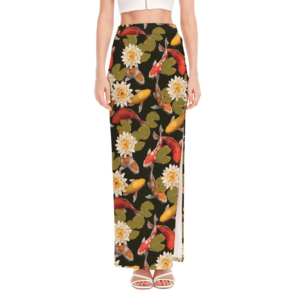 Koi Carp And Lotus Pattern Print High Slit Maxi Skirt