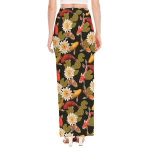 Koi Carp And Lotus Pattern Print High Slit Maxi Skirt