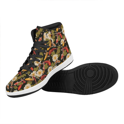 Koi Carp And Lotus Pattern Print High Top Leather Sneakers