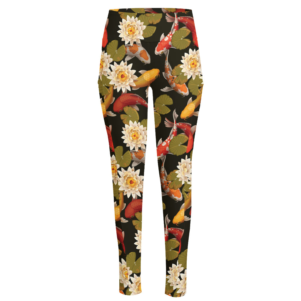 Koi Carp And Lotus Pattern Print High-Waisted Pocket Leggings