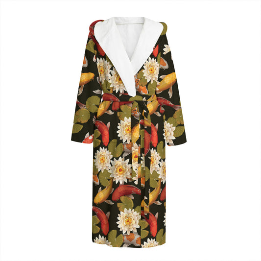 Koi Carp And Lotus Pattern Print Hooded Bathrobe