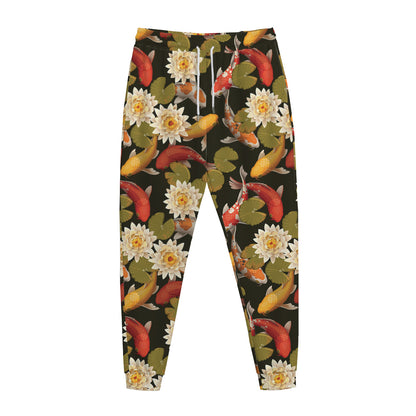 Koi Carp And Lotus Pattern Print Jogger Pants