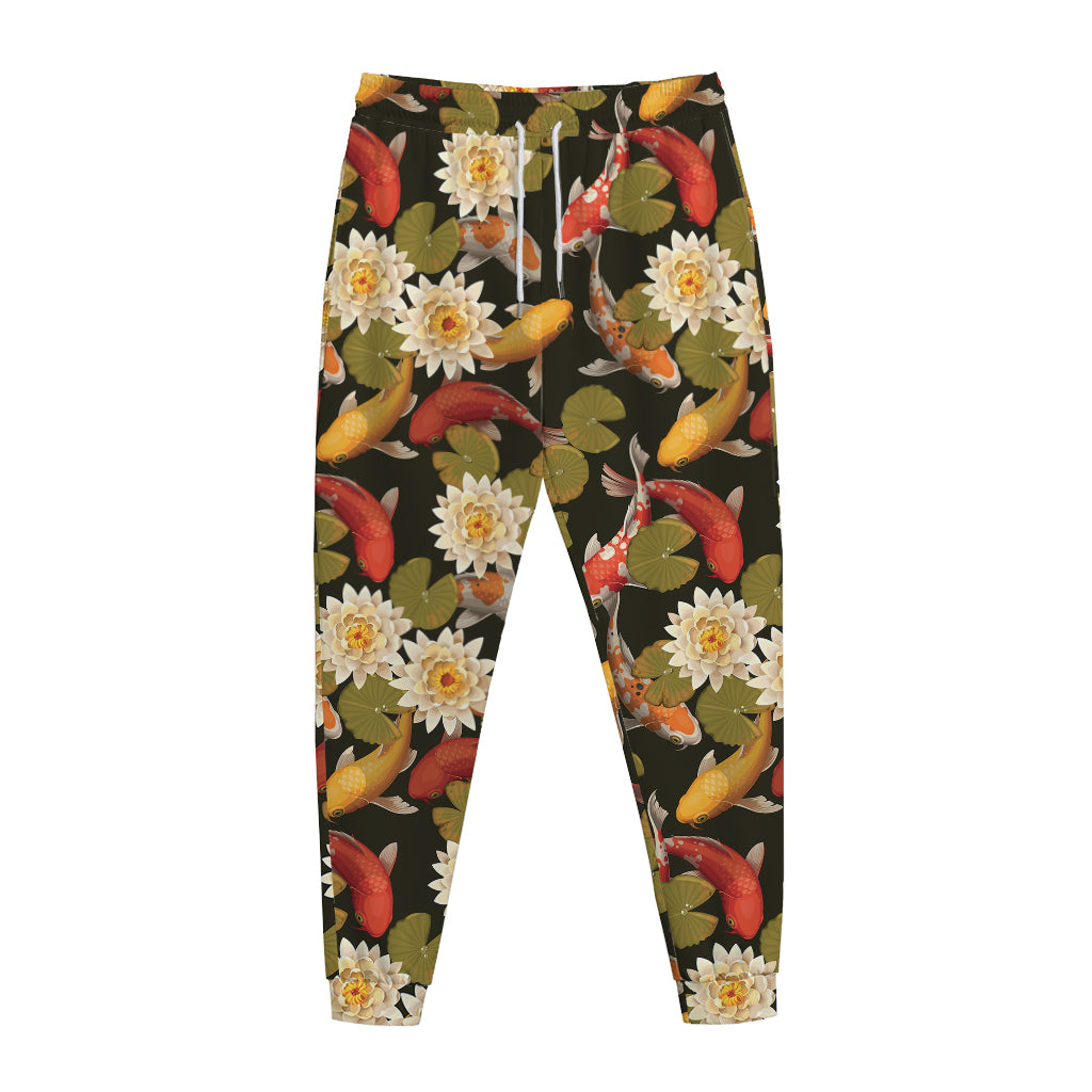 Koi Carp And Lotus Pattern Print Jogger Pants