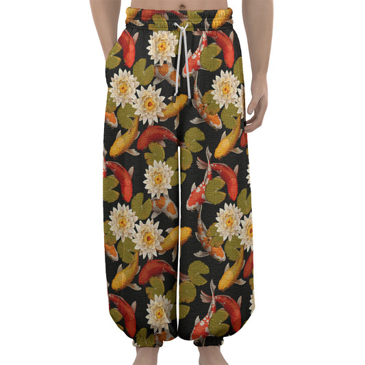 Koi Carp And Lotus Pattern Print Lantern Pants