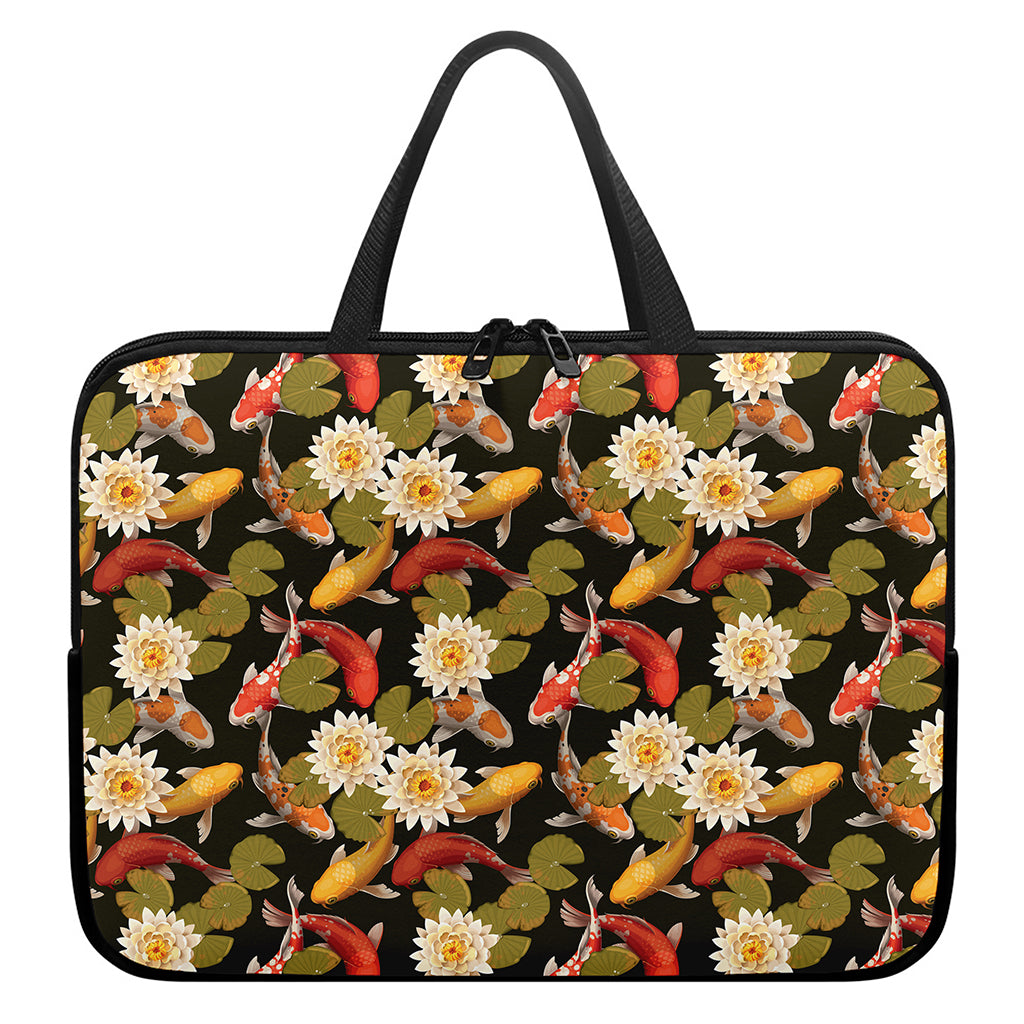 Koi Carp And Lotus Pattern Print Laptop Sleeve With Handle