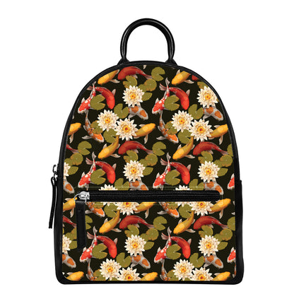 Koi Carp And Lotus Pattern Print Leather Backpack