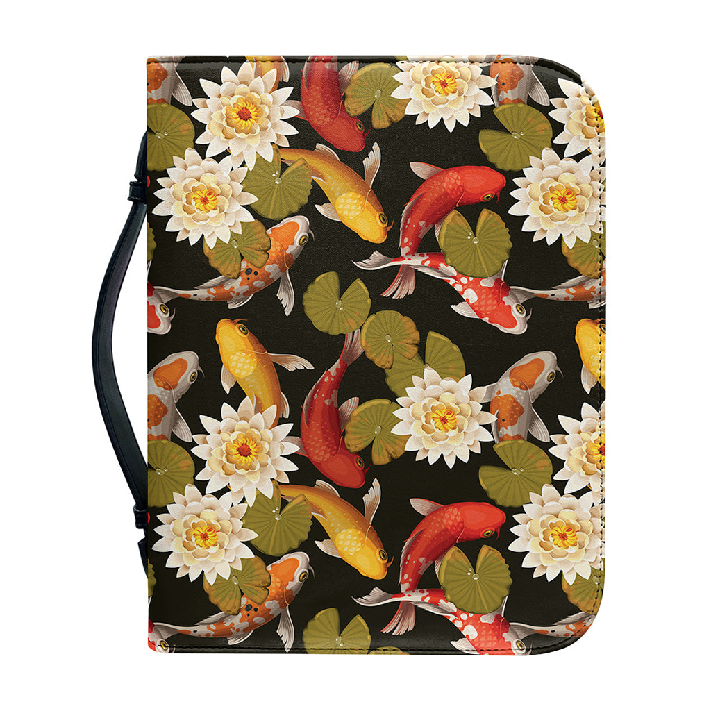 Koi Carp And Lotus Pattern Print Leather Bible Cover