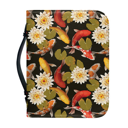 Koi Carp And Lotus Pattern Print Leather Bible Cover