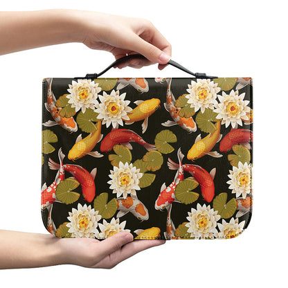 Koi Carp And Lotus Pattern Print Leather Bible Cover