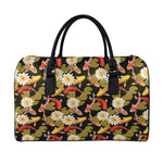 Koi Carp And Lotus Pattern Print Leather Duffle Bag