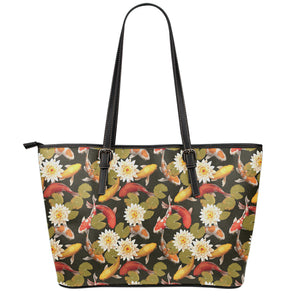 Koi Carp And Lotus Pattern Print Leather Tote Bag