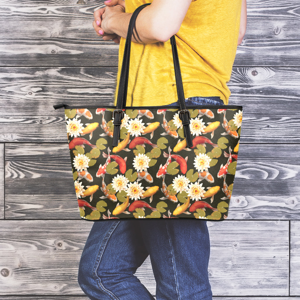 Koi Carp And Lotus Pattern Print Leather Tote Bag