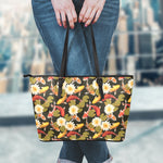 Koi Carp And Lotus Pattern Print Leather Tote Bag