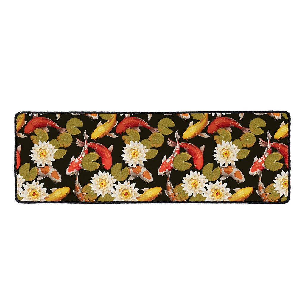Koi Carp And Lotus Pattern Print Long Kitchen Mat
