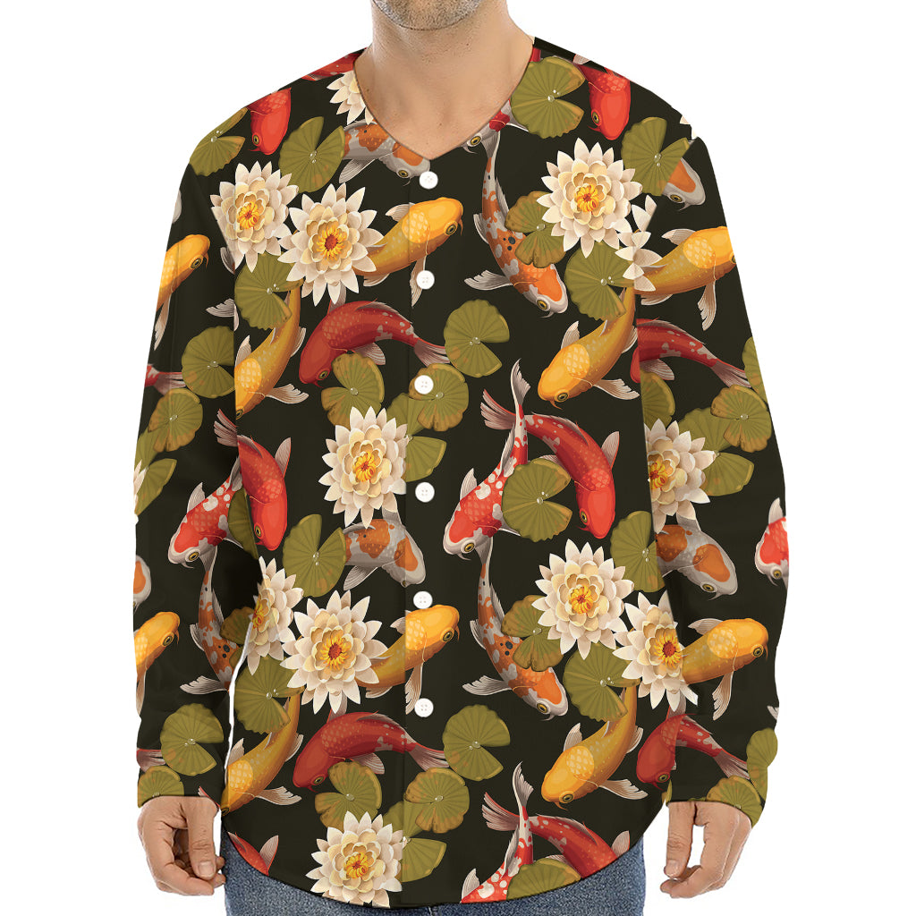 Koi Carp And Lotus Pattern Print Long Sleeve Baseball Jersey