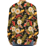 Koi Carp And Lotus Pattern Print Long Sleeve Baseball Jersey