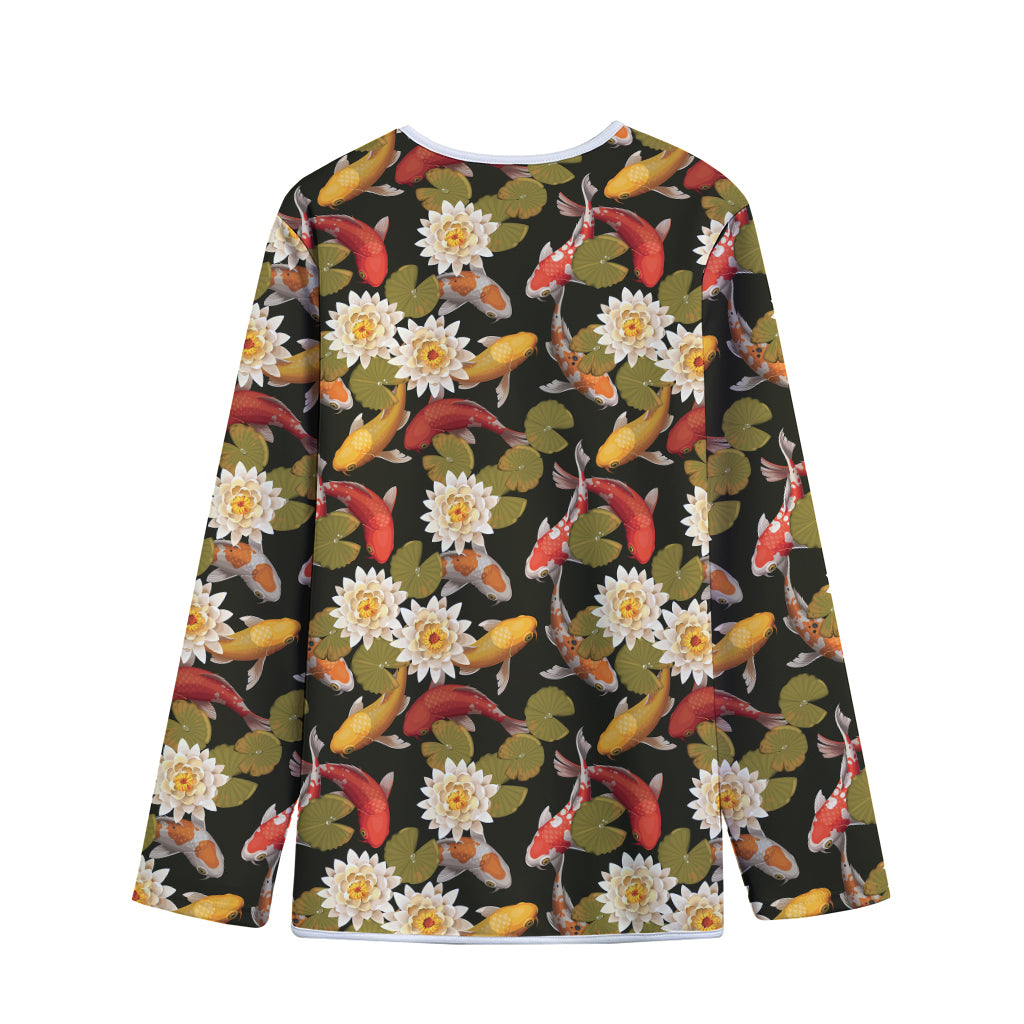 Koi Carp And Lotus Pattern Print Long Sleeve Short Coat