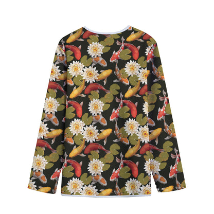 Koi Carp And Lotus Pattern Print Long Sleeve Short Coat