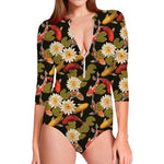 Koi Carp And Lotus Pattern Print Long Sleeve Swimsuit