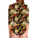 Koi Carp And Lotus Pattern Print Long Sleeve Swimsuit