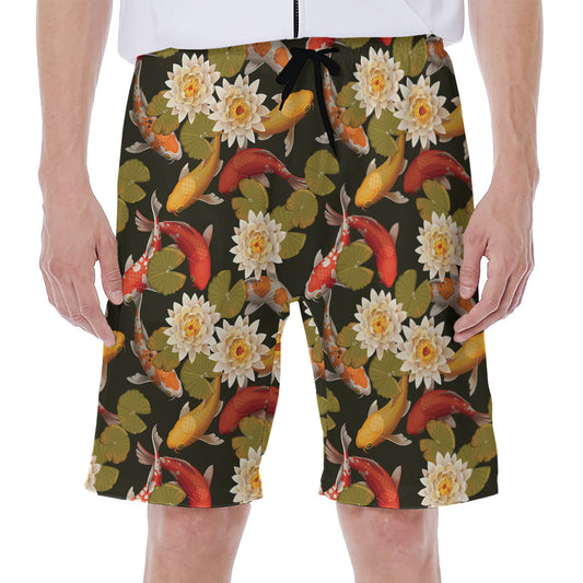 Koi Carp And Lotus Pattern Print Men's Beach Shorts