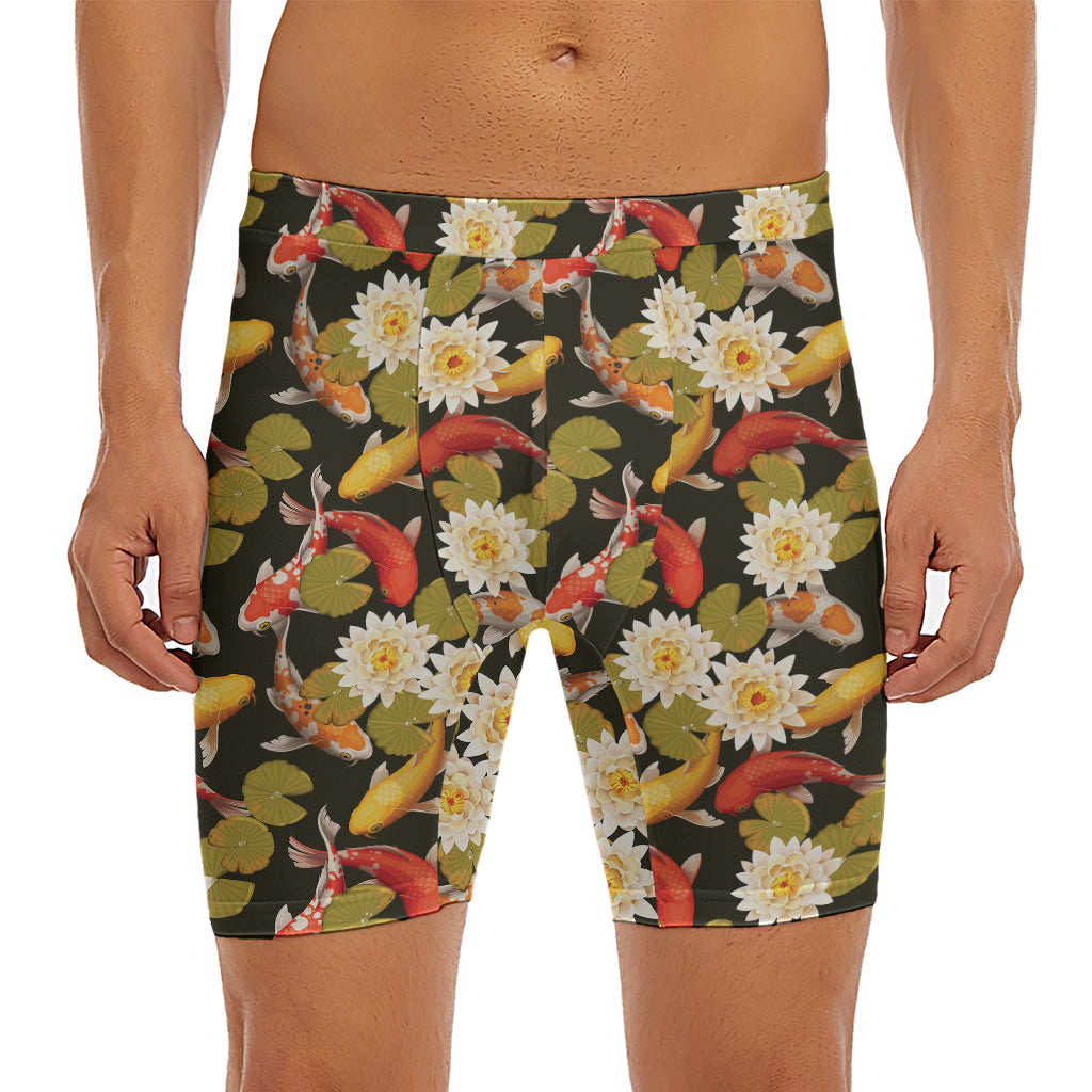 Koi Carp And Lotus Pattern Print Men's Long Boxer Briefs