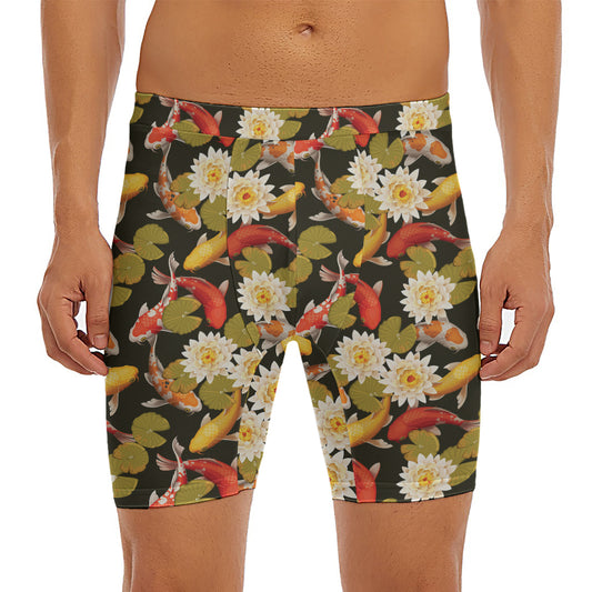 Koi Carp And Lotus Pattern Print Men's Long Boxer Briefs