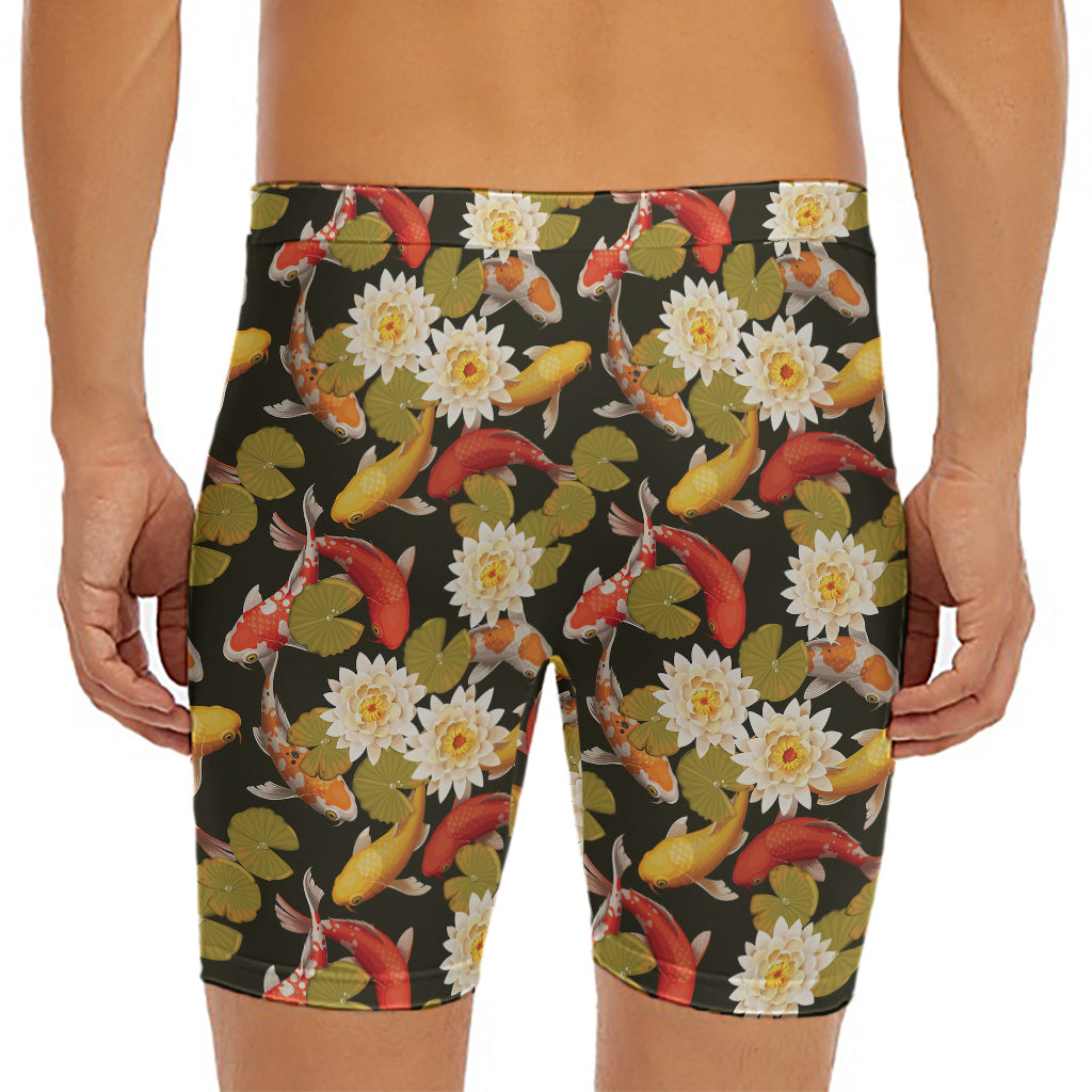 Koi Carp And Lotus Pattern Print Men's Long Boxer Briefs