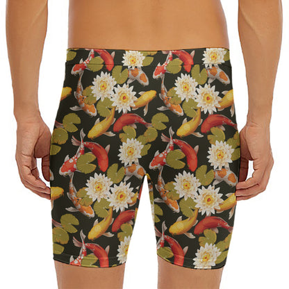 Koi Carp And Lotus Pattern Print Men's Long Boxer Briefs