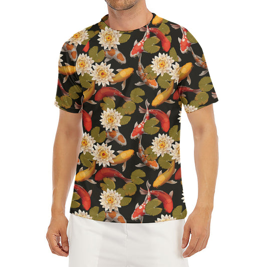 Koi Carp And Lotus Pattern Print Men's Short Sleeve Rash Guard