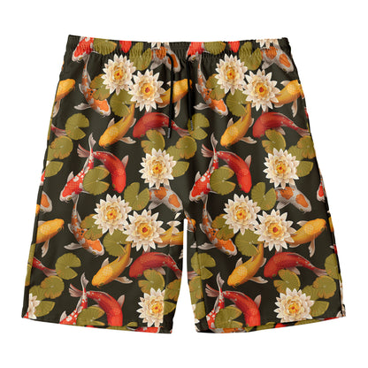 Koi Carp And Lotus Pattern Print Men's Swim Trunks
