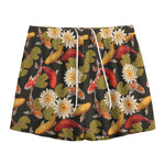 Koi Carp And Lotus Pattern Print Mesh Shorts