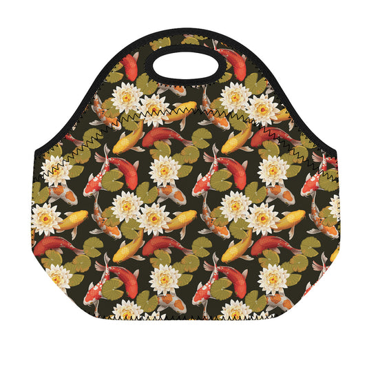 Koi Carp And Lotus Pattern Print Neoprene Lunch Bag