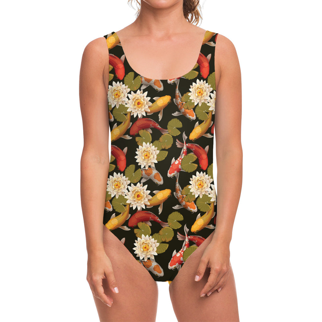 Koi Carp And Lotus Pattern Print One Piece Swimsuit