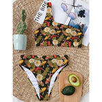 Koi Carp And Lotus Pattern Print One Shoulder Bikini Top