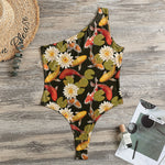 Koi Carp And Lotus Pattern Print One Shoulder Bodysuit