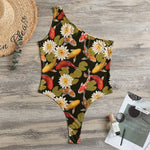 Koi Carp And Lotus Pattern Print One Shoulder Bodysuit