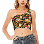 Koi Carp And Lotus Pattern Print One Shoulder Crop Top