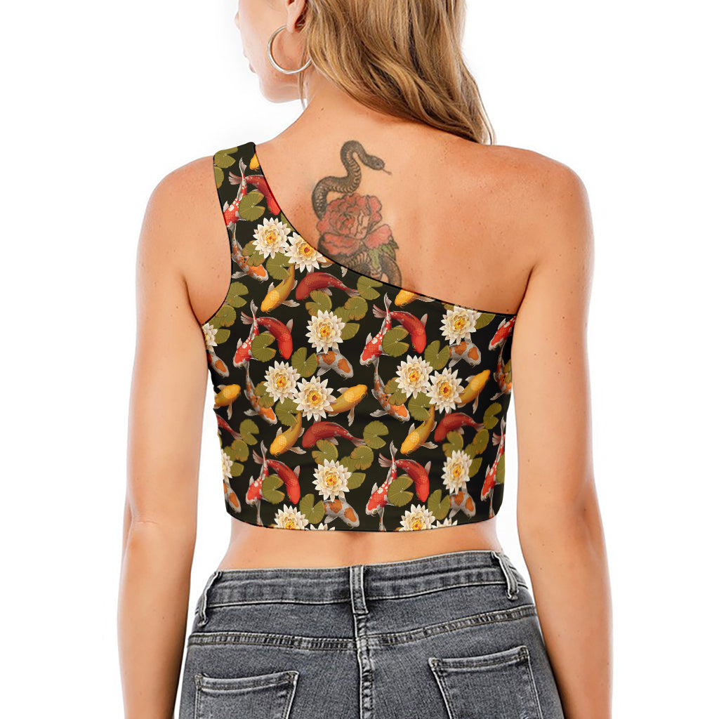 Koi Carp And Lotus Pattern Print One Shoulder Crop Top