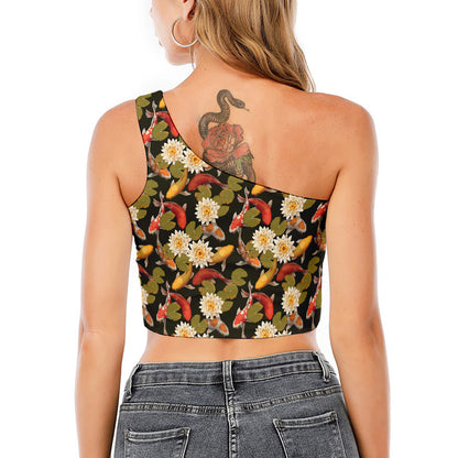 Koi Carp And Lotus Pattern Print One Shoulder Crop Top